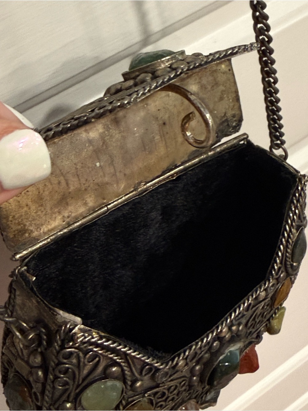 Vintage Indian Artisan Gemstone Metal Box Purse Filigree Crossbody Sajai - Picture 12 of 16